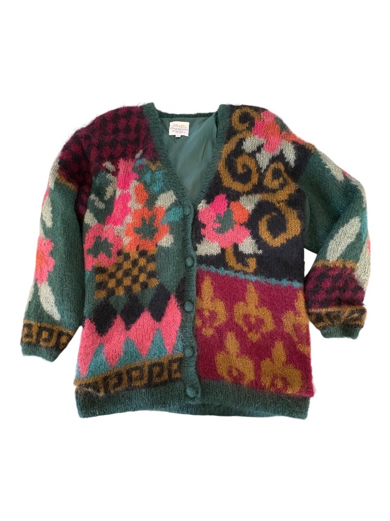1990's Susan Bristol Mohair Blend Patchwork Cardigan Sweater Grandma Art Teacher